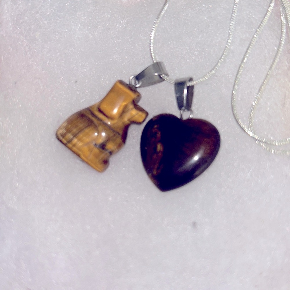 Boho Hippie Tigers Eye love heart & Dog 30” Sterling Silver Necklace